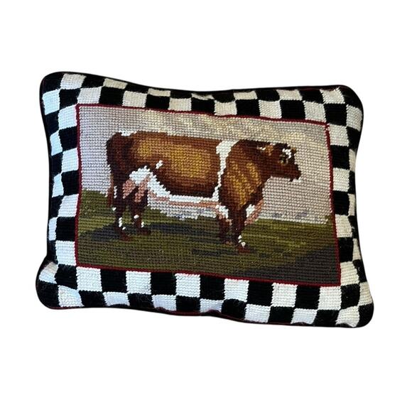 VTG Needlepoint Throw Pillow Cow Farm Cottage Checkered Velvet Small 11.5 x 6.5” - Picture 1 of 4